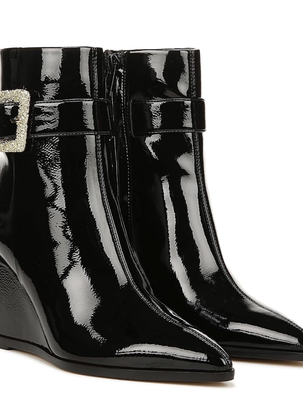 Sam Edelman Black Patent Wedge Ankle Boots with Crystal Buckle